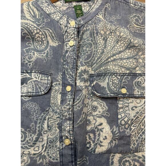 Lauren Ralph Lauren Top Linen 3/4 Sleeve Floral Boho Cottage Coastal Blue 1X - Picture 3 of 13